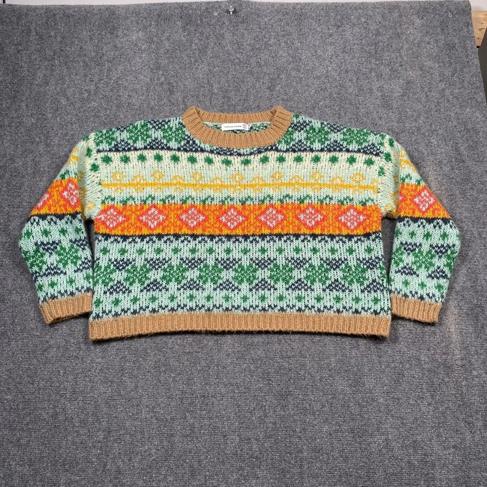 Vintage Charm Fair Isle Sweater Men Size S M Green Orange Geometric Knit‎